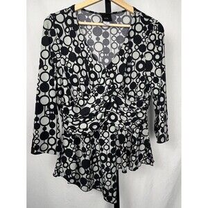 JTB Top Vintage Tunic Blouse V Neck Ruched Draping Black Geometric Large Retro‎
